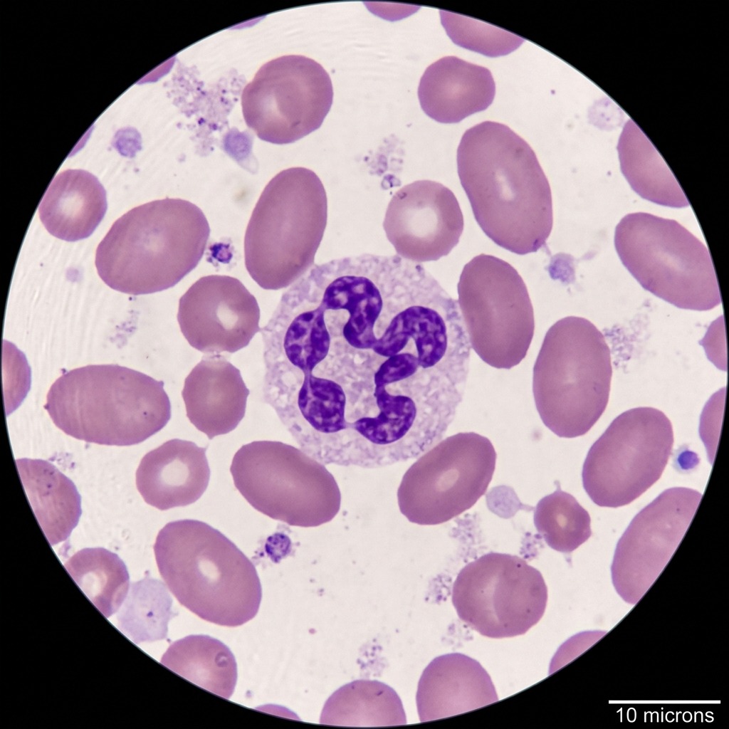Peripheral blood smear showing hypersegmented neutrophil with six nuclear lobes in megaloblastic anemia