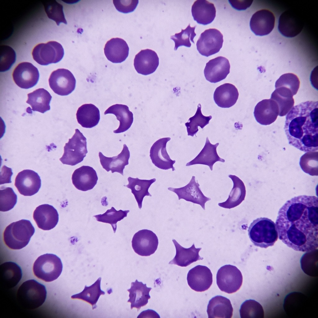 Schistocytes helmet cells on blood smear indicating microangiopathic hemolytic anemia