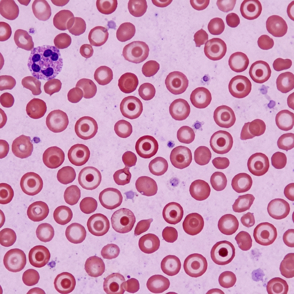 Target cells codocytes with central area of hemoglobin on peripheral blood smear
