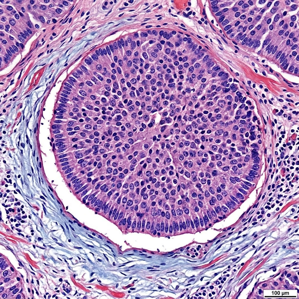 Basal cell carcinoma histology showing nests of basaloid cells with peripheral palisading and retraction artifact