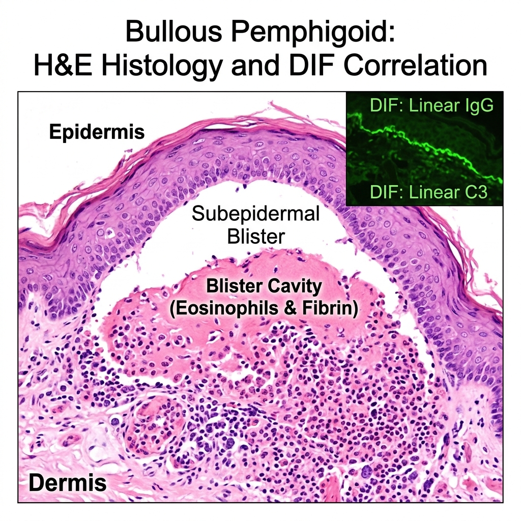 Bullous pemphigoid histology demonstrating subepidermal blister with intact tense roof