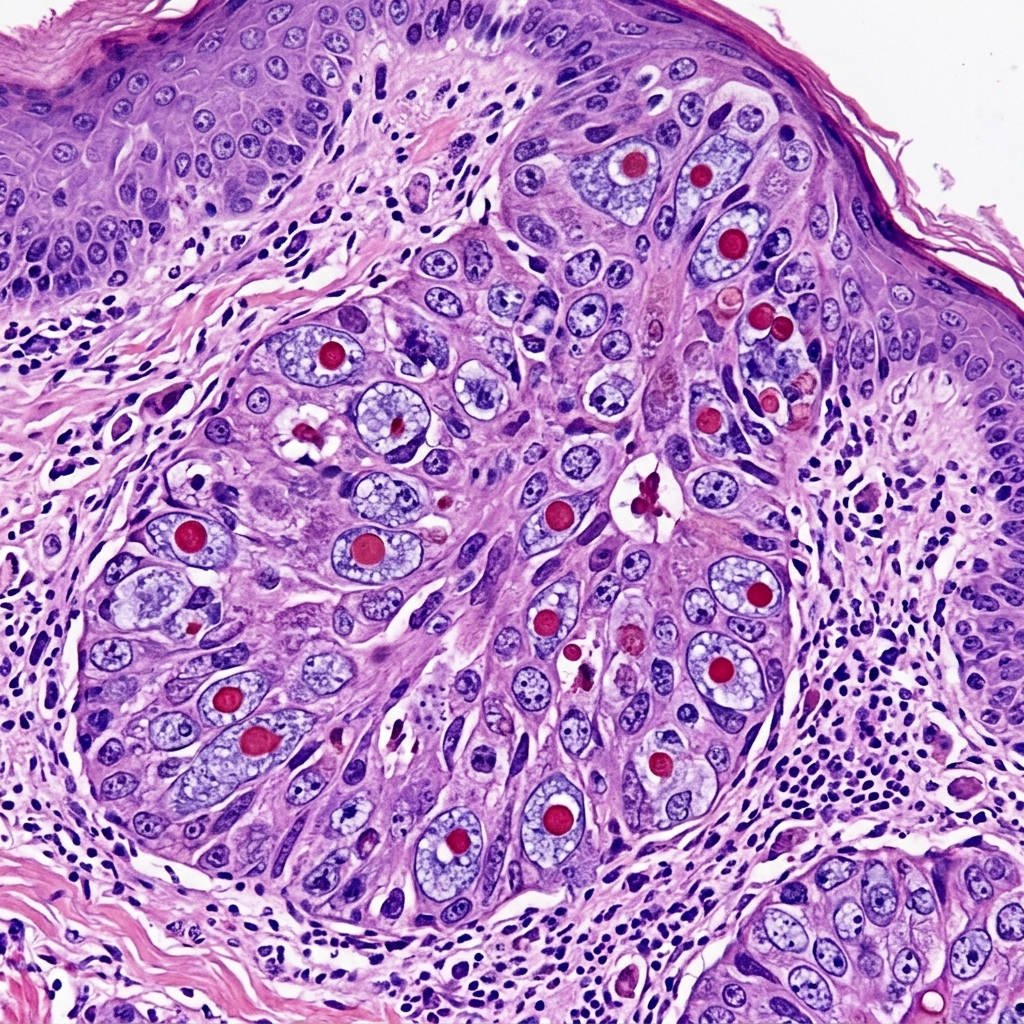 Malignant melanoma histology showing invasive atypical melanocytes with S100 positive staining
