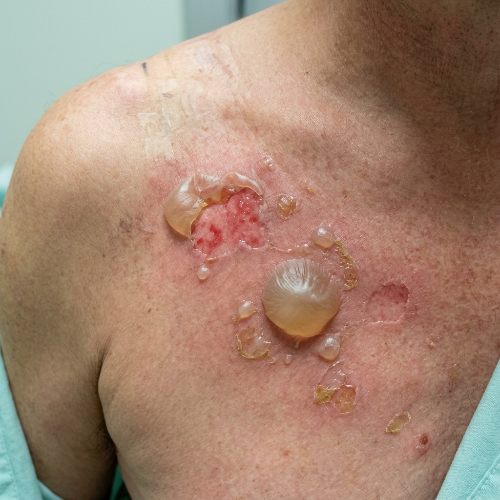Pemphigus vulgaris with intraepidermal flaccid bullae and row of tombstones basal layer