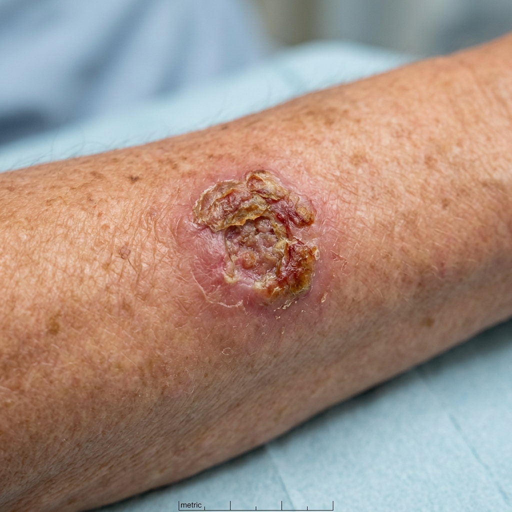 Squamous cell carcinoma histology showing invasive keratin pearls and atypical pleomorphic keratinocytes
