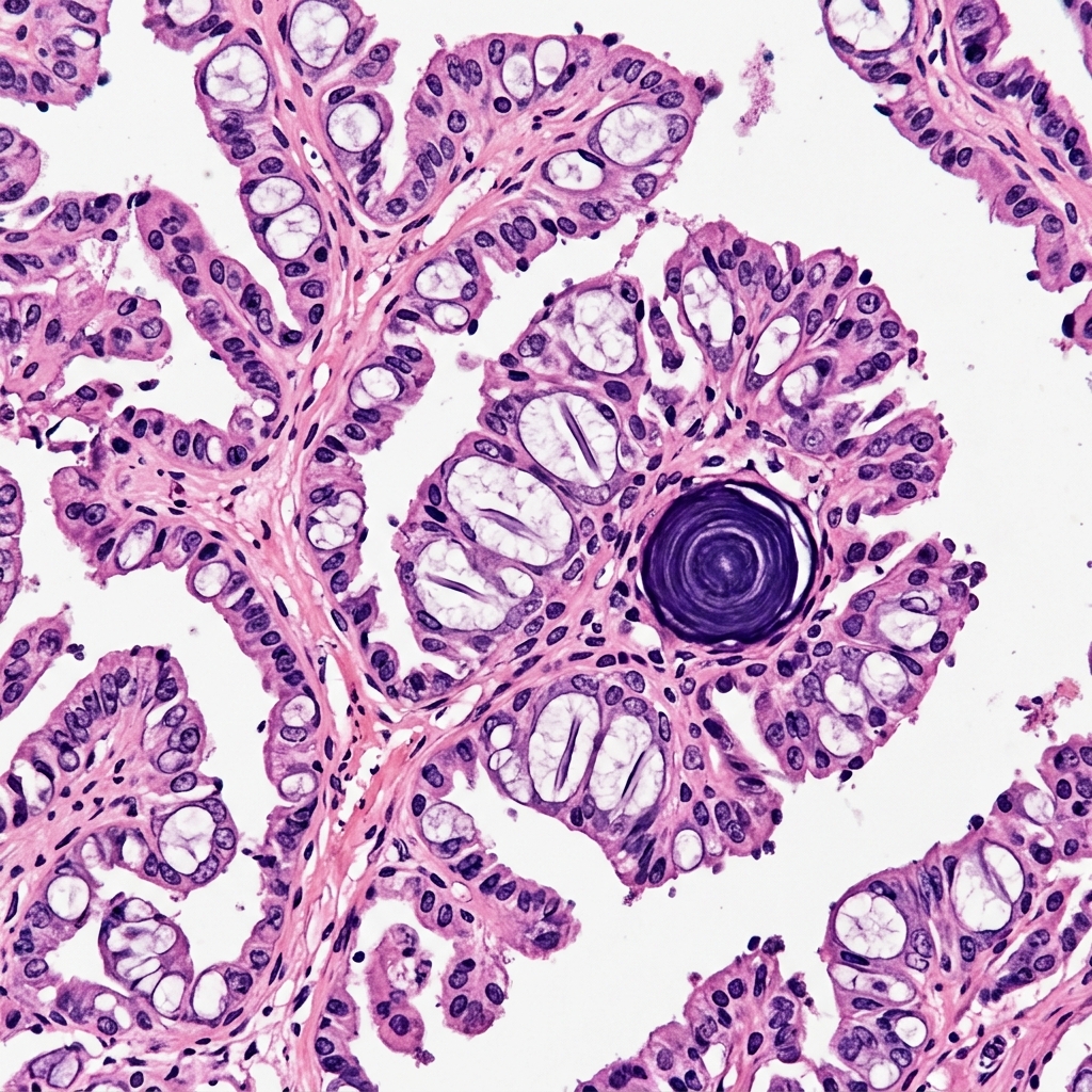 Papillary thyroid carcinoma histology showing empty Orphan Annie eye nuclei nuclear grooves and psammoma bodies