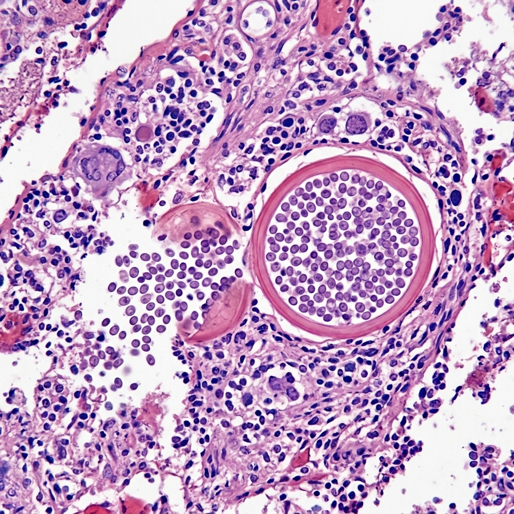 Coccidioides immitis thick spherule with endospores