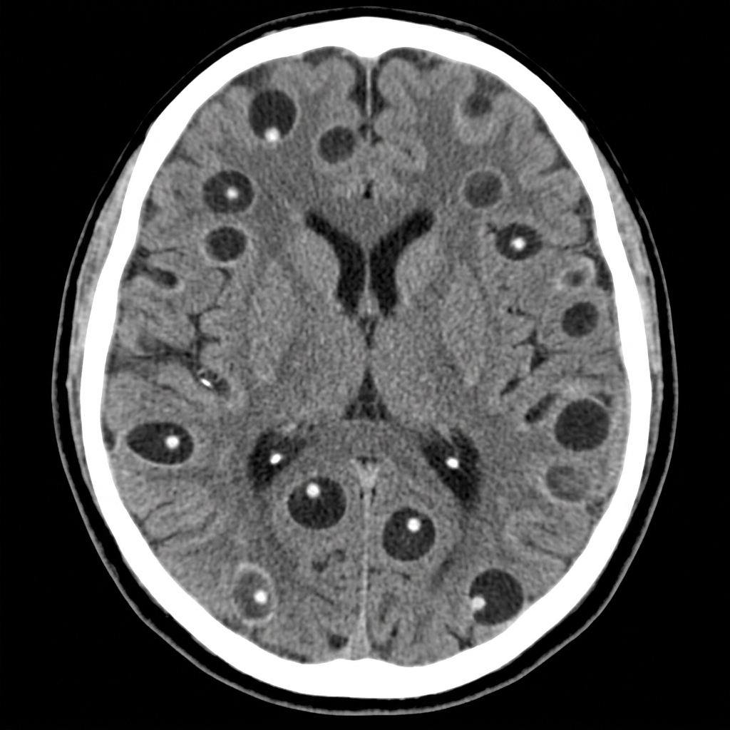 Neurocysticercosis swiss cheese brain CT