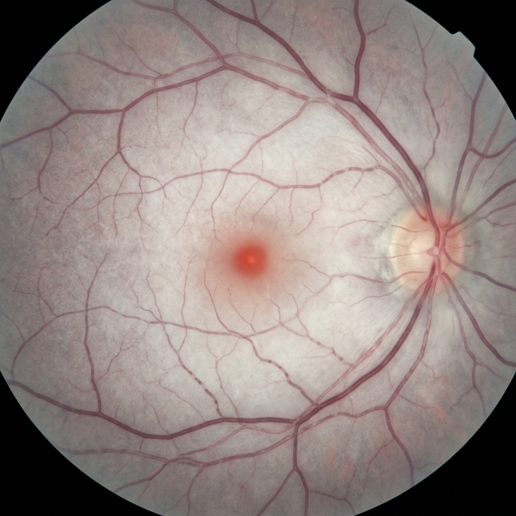 Fundoscopy showing diffuse retinal pallor with cherry red spot in central retinal artery occlusion