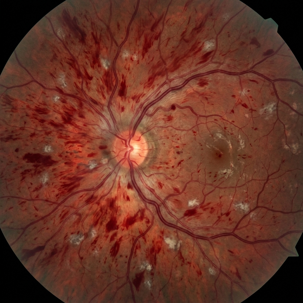 Fundoscopy showing diffuse flame hemorrhages and disc edema in central retinal vein occlusion