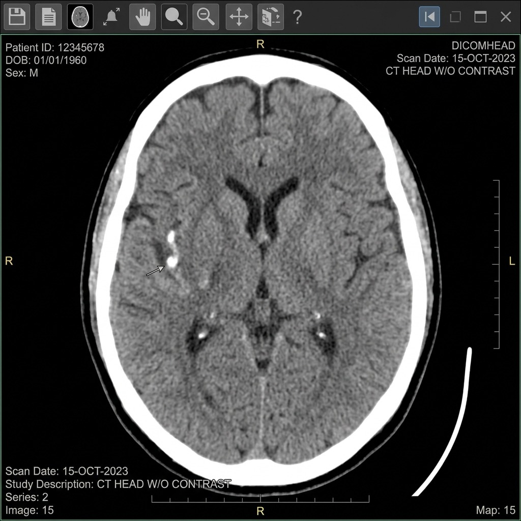 Dense MCA sign on head CT representing acute thromboembolism