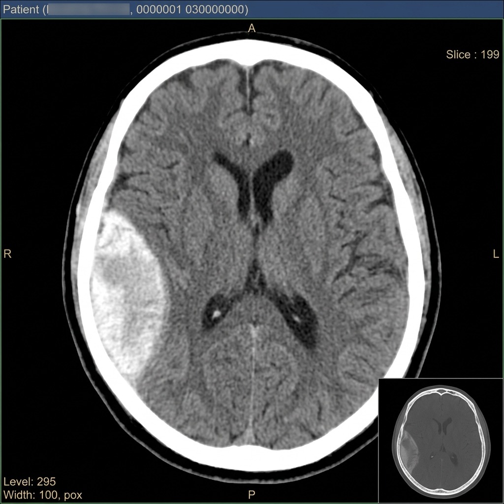 Non-contrast CT showing hyperdense biconvex epidural hematoma