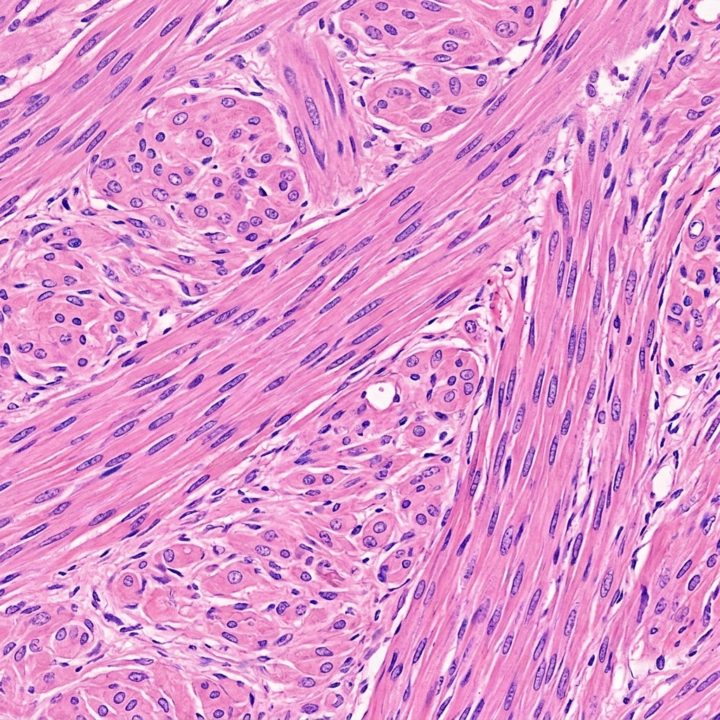 Uterine leiomyoma histology showing whorled fascicles of uniform smooth muscle cells