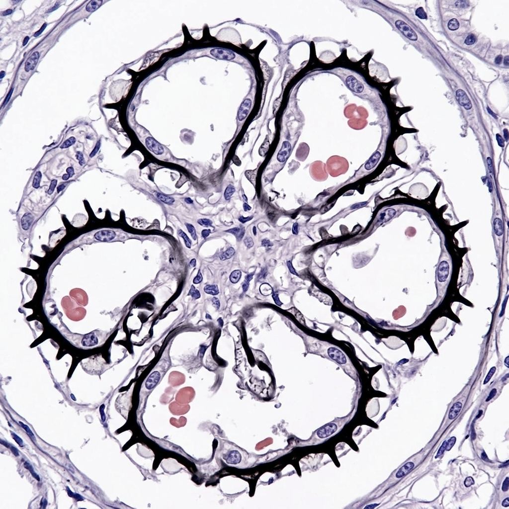 Silver stain showing diffuse subepithelial spike and dome deposits on basement membrane in membranous nephropathy