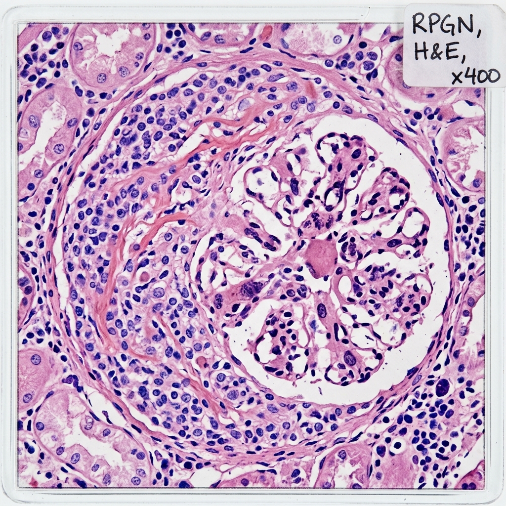 Glomerular crescent formation in Bowman space composed of proliferating parietal epithelial cells macrophages and fibrin in rapidly progressive glomerulonephritis